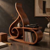 Corner detail of record player stand with a spiral scroll and a tall sweeping back beside wood, brass and linen samples