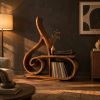 Record player stand with a spiral scroll and a tall sweeping back in a dark living room at golden hour