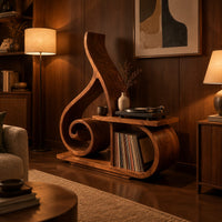 Record player stand with a spiral scroll and a tall sweeping back in an evening living room with walnut wall paneling