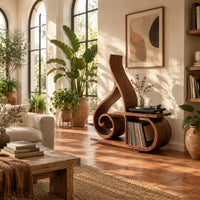 Record player stand with a spiral scroll and a tall sweeping back in a bright living room with arched windows and plants