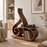 Record player stand with a spiral scroll and a tall sweeping back in a Scandinavian living room with white walls