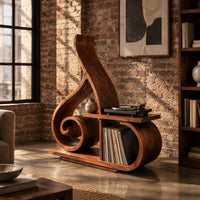 Record player stand with a spiral scroll and a tall sweeping back in an industrial loft living room with exposed brick