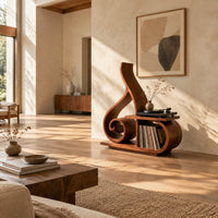 Record player stand with a spiral scroll and a tall sweeping back in a bright open plan living room