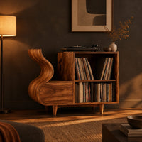 Record player stand with a flowing wave side and two open cubbies in a dark living room at golden hour