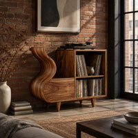 Record player stand with a flowing wave side and two open cubbies in an industrial loft living room with exposed brick