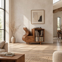 Record player stand with a flowing wave side and two open cubbies in a bright open plan living room