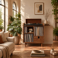 Wood record player stand on tapered legs with open cubbies and a drawer in a bright living room with arched windows and plants