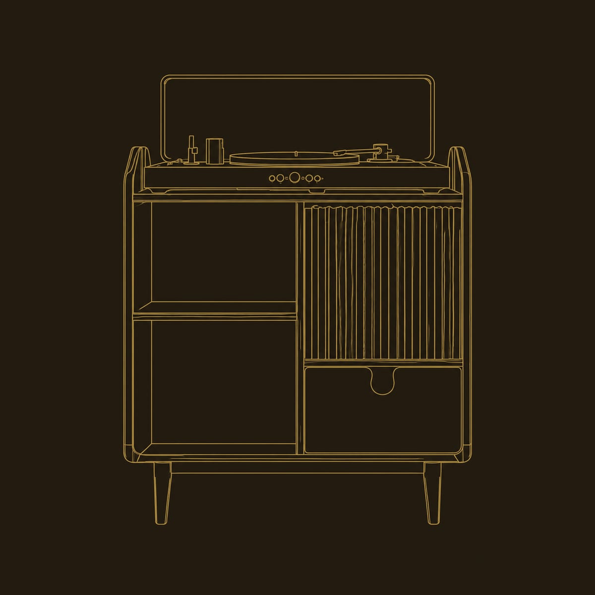 Record Player Stand With Tapered Legs And Open Cubbies dimension diagram