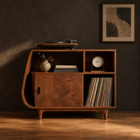 Record player stand with a teardrop shaped side, a wood door and tapered legs in a dark studio against a charcoal plaster wall