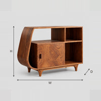 Record Player Stand With Teardrop Curved Side And Tapered Legs dimension diagram with width, height and depth