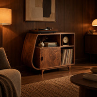 Record player stand with a teardrop shaped side, a wood door and tapered legs in an evening living room with walnut wall paneling