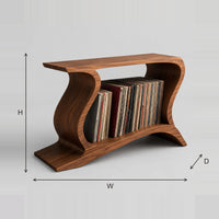 Record Player Stand With Wave Shaped Sides And A Wide Open Shelf dimension diagram with width, height and depth