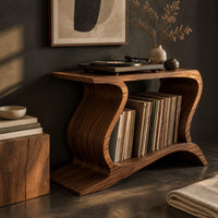 Corner detail of record player stand with wave shaped sides and a wide open shelf beside wood, brass and linen samples