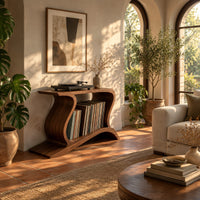 Record player stand with wave shaped sides and a wide open shelf in a bright living room with arched windows and plants