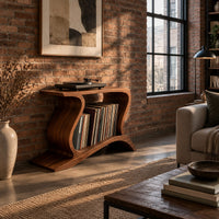 Record player stand with wave shaped sides and a wide open shelf in an industrial loft living room with exposed brick