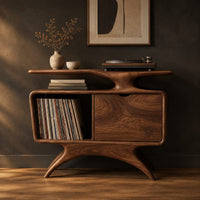Record player stand with a winged top shelf, open bay and splayed legs in a dark studio against a charcoal plaster wall