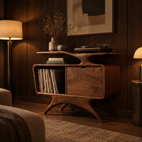Record player stand with a winged top shelf, open bay and splayed legs in an evening living room with walnut wall paneling