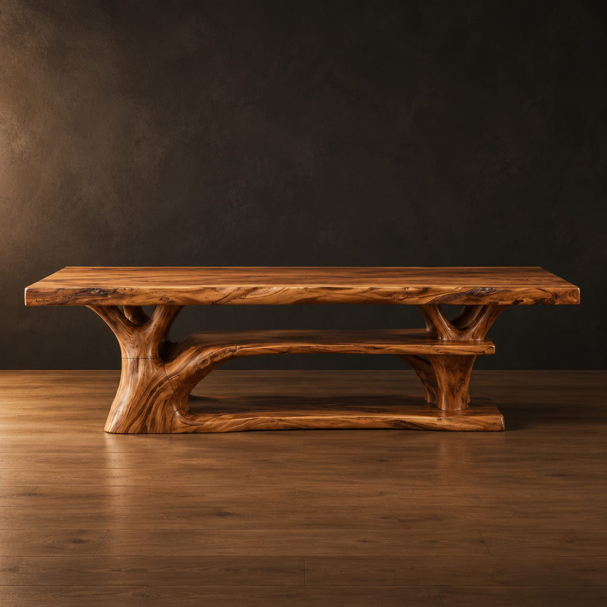 Rectangle dining table on a branching tree trunk base in a dark studio against a charcoal plaster wall