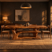 Rectangle dining table on a branching tree trunk base in a dark dining room at golden hour