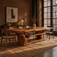 Rectangle dining table on a branching tree trunk base in an industrial loft dining room with exposed brick