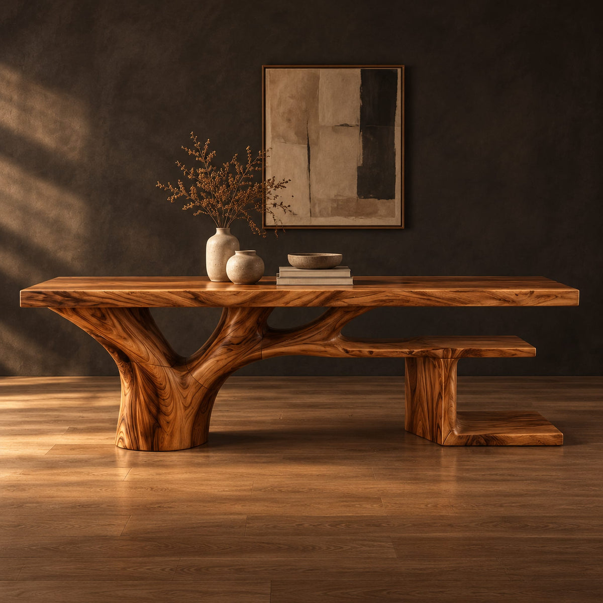 Rectangle dining table with a thick slab top and a branching trunk base in a dark studio against a charcoal plaster wall