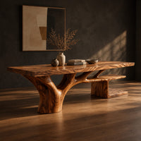 Rectangle dining table with a thick slab top and a branching trunk base, three-quarter view showing the grain
