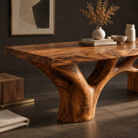 Corner detail of rectangle dining table with a thick slab top and a branching trunk base beside wood, brass and linen samples