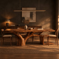 Rectangle dining table with a thick slab top and a branching trunk base in a dark dining room at golden hour