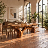Rectangle dining table with a thick slab top and a branching trunk base in a bright dining room with arched windows and plants