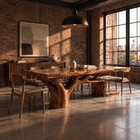 Rectangle dining table with a thick slab top and a branching trunk base in an industrial loft dining room with exposed brick