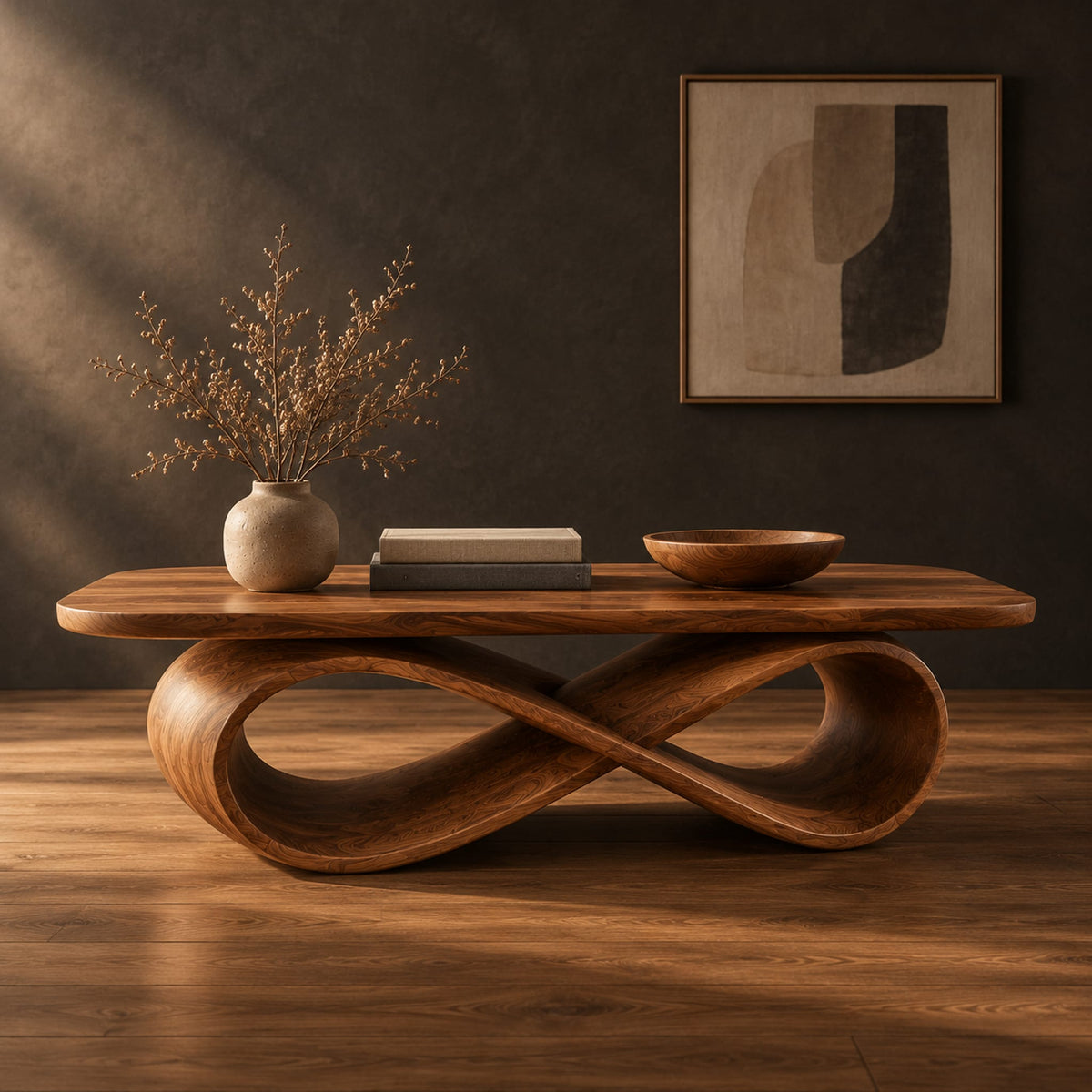 Rectangular wooden coffee table on a figure eight ribbon base in a dark studio against a charcoal plaster wall