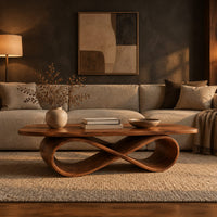 Rectangular wooden coffee table on a figure eight ribbon base in a dark living room at golden hour