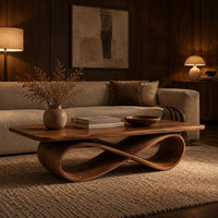 Rectangular wooden coffee table on a figure eight ribbon base in an evening living room with walnut wall paneling