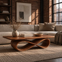 Rectangular wooden coffee table on a figure eight ribbon base in an industrial loft living room with exposed brick