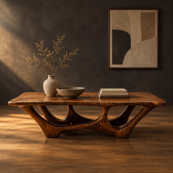 Rectangular Coffee Table With Slab Top And Branching Arched Base