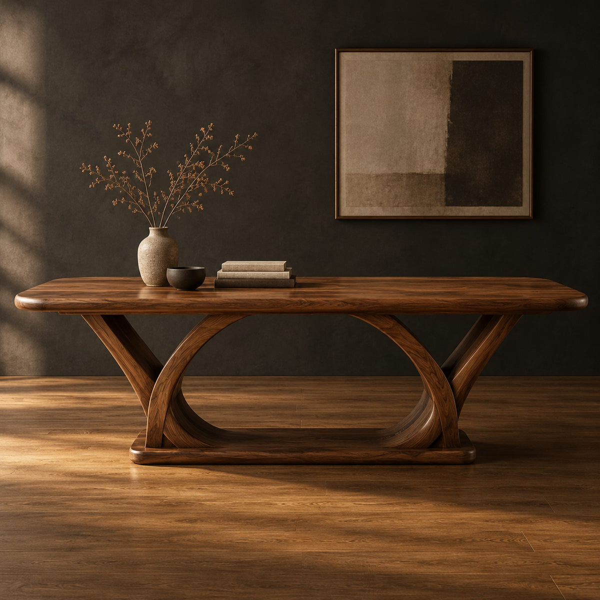 Rectangular desk on arched loop legs joined by a flat wood base in a dark studio against a charcoal plaster wall