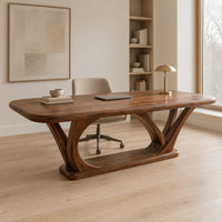Rectangular desk on arched loop legs joined by a flat wood base in a Scandinavian home office with white walls