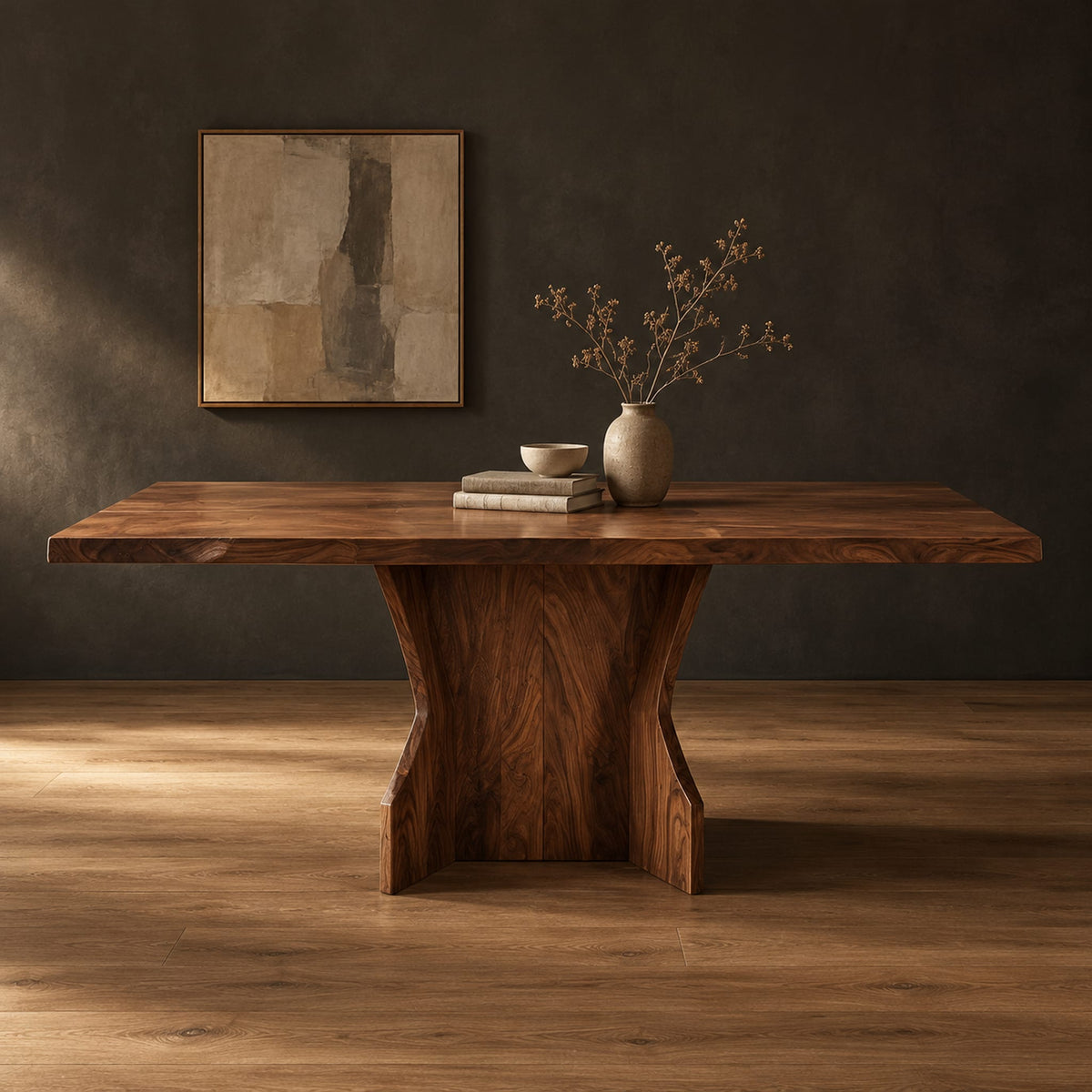 Rectangular dining table with a thick slab top on a wide hourglass pedestal in a dark studio against a charcoal plaster wall