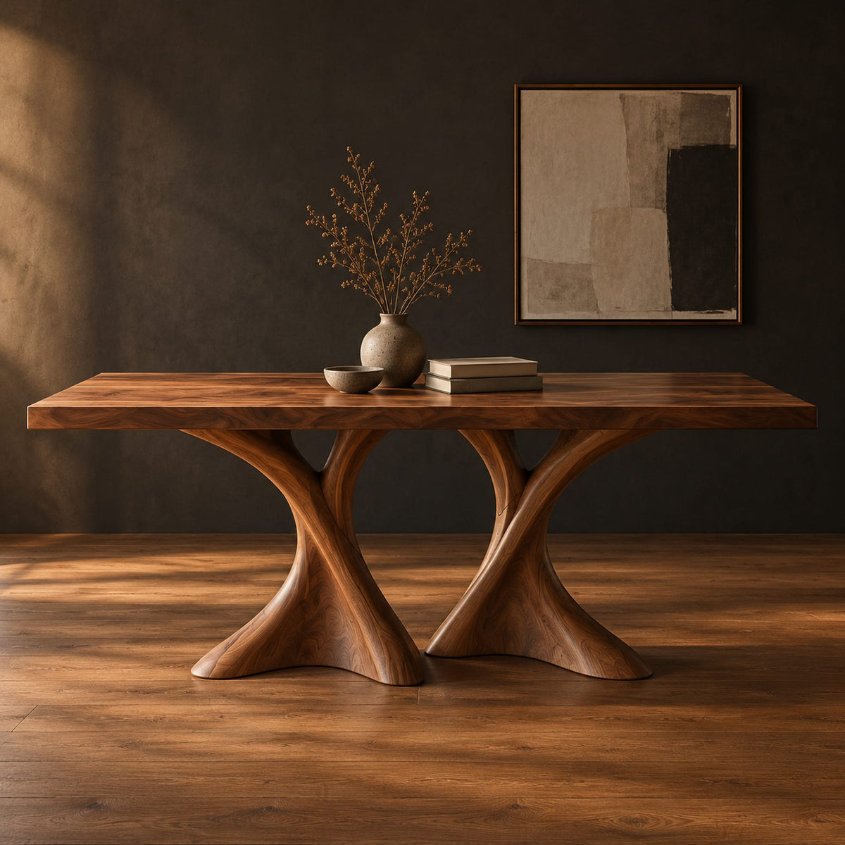Rectangular dining table on two hourglass pedestal legs in a dark studio against a charcoal plaster wall