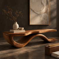 Corner detail of low bench with a long slab seat on a flowing ribbon shaped base beside wood, brass and linen samples