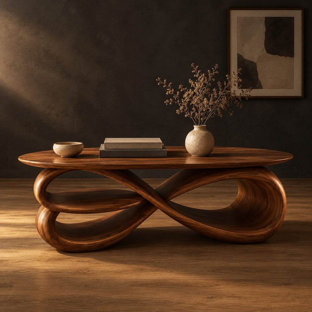 Oval coffee table over layered looping ribbons shaped like an infinity symbol in a dark studio against a charcoal plaster wall