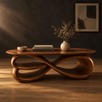 Oval coffee table over layered looping ribbons shaped like an infinity symbol in a dark studio against a charcoal plaster wall