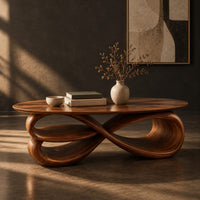 Oval coffee table over layered looping ribbons shaped like an infinity symbol, three-quarter view showing the grain
