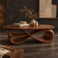 Corner detail of oval coffee table over layered looping ribbons shaped like an infinity symbol beside wood, brass and linen samples