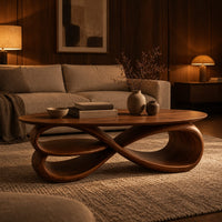 Oval coffee table over layered looping ribbons shaped like an infinity symbol in an evening living room with walnut wall paneling