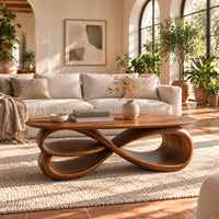 Oval coffee table over layered looping ribbons shaped like an infinity symbol in a bright living room with arched windows and plants