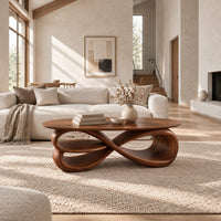 Oval coffee table over layered looping ribbons shaped like an infinity symbol in a bright open plan living room