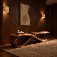 Low ribbon bench with a looping base and a long flat top in an evening entryway with walnut wall paneling