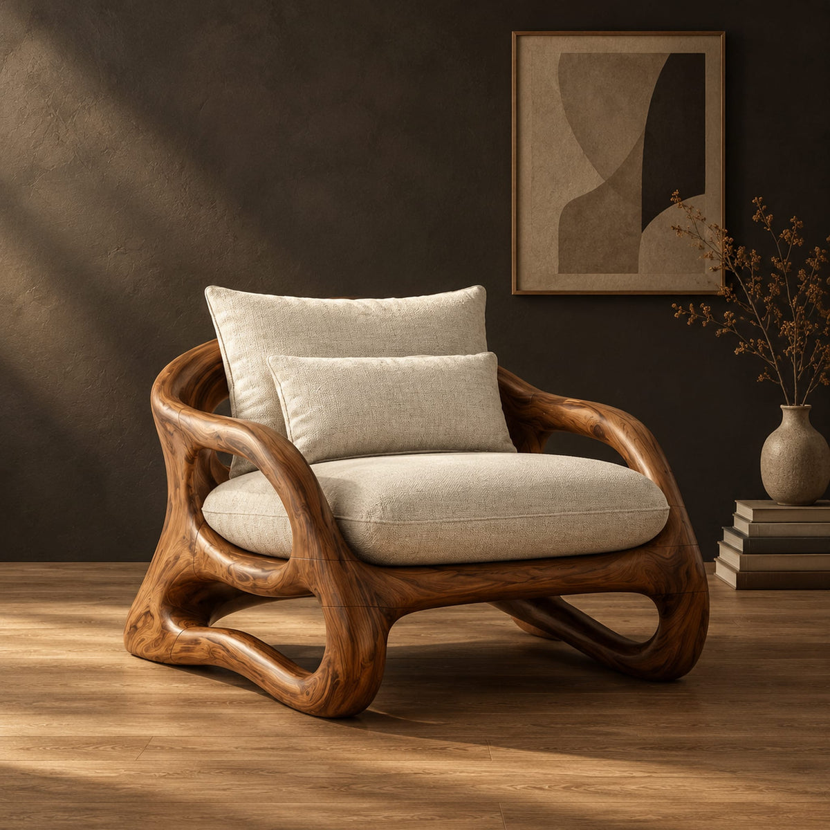 Lounge chair with a looping wooden ribbon frame and cream cushions in a dark studio against a charcoal plaster wall
