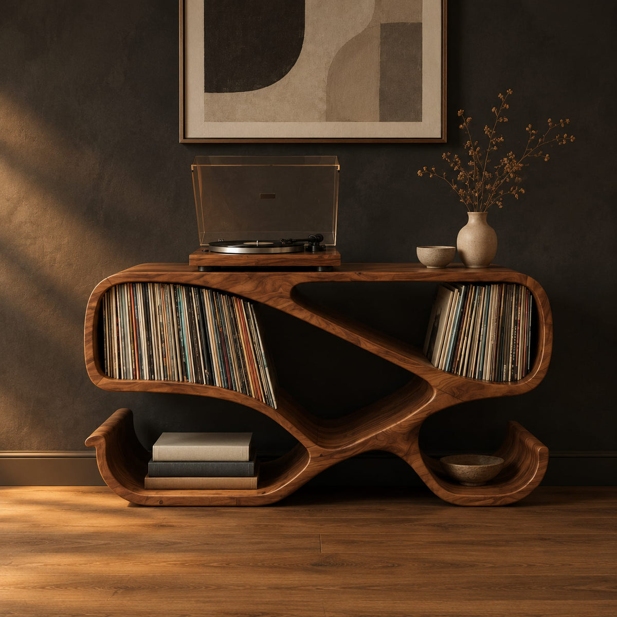 Ribbon frame record console with two open end bays and curled feet in a dark studio against a charcoal plaster wall